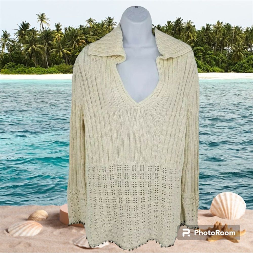 Tommy‎ Bahama Beige Knit Exaggerated Collar Sweater Ivory Pullover Large Beachy